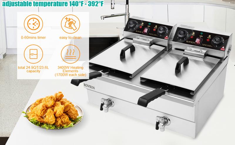 ROVSUN 24.9QT Electric Deep Fryer w/Frying Baskets Timer Drains & Lids, Dual Tank Kitchen Countertop Commercial Frying Machine, Adjustable Temperature, for French Fries Donuts Onion Rings, 3400W 110V