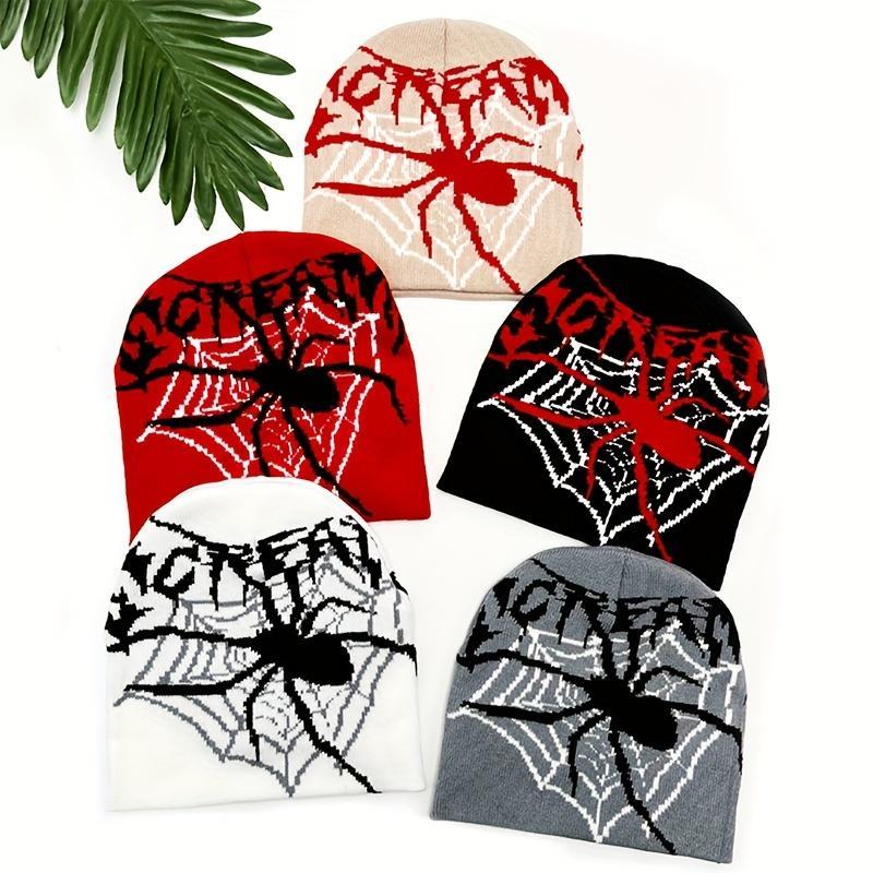 Y2K Unisex Beanie Hat with Halloween Spider Web & SCREAM Letter Design, Stretchy Elastic Band, Warm Winter Skull Cap for Streetwear, Hip-Hop, and Parties (Red/Black/White/Grey)