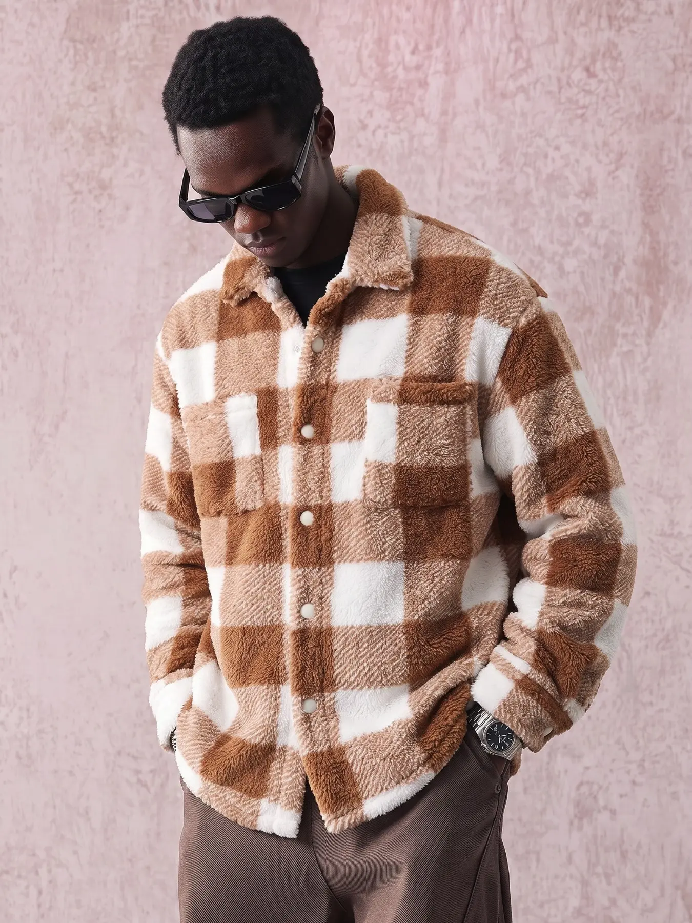 2026 Hot Selling Men Brown White Checked Plaid Classic Fuzzy Shacket Jacket, Lapel Button Down Fluffy Fleece Coat, Casual Long Sleeve Warm Outerwear For Street Daily Vacation Autumn Winter Outfits