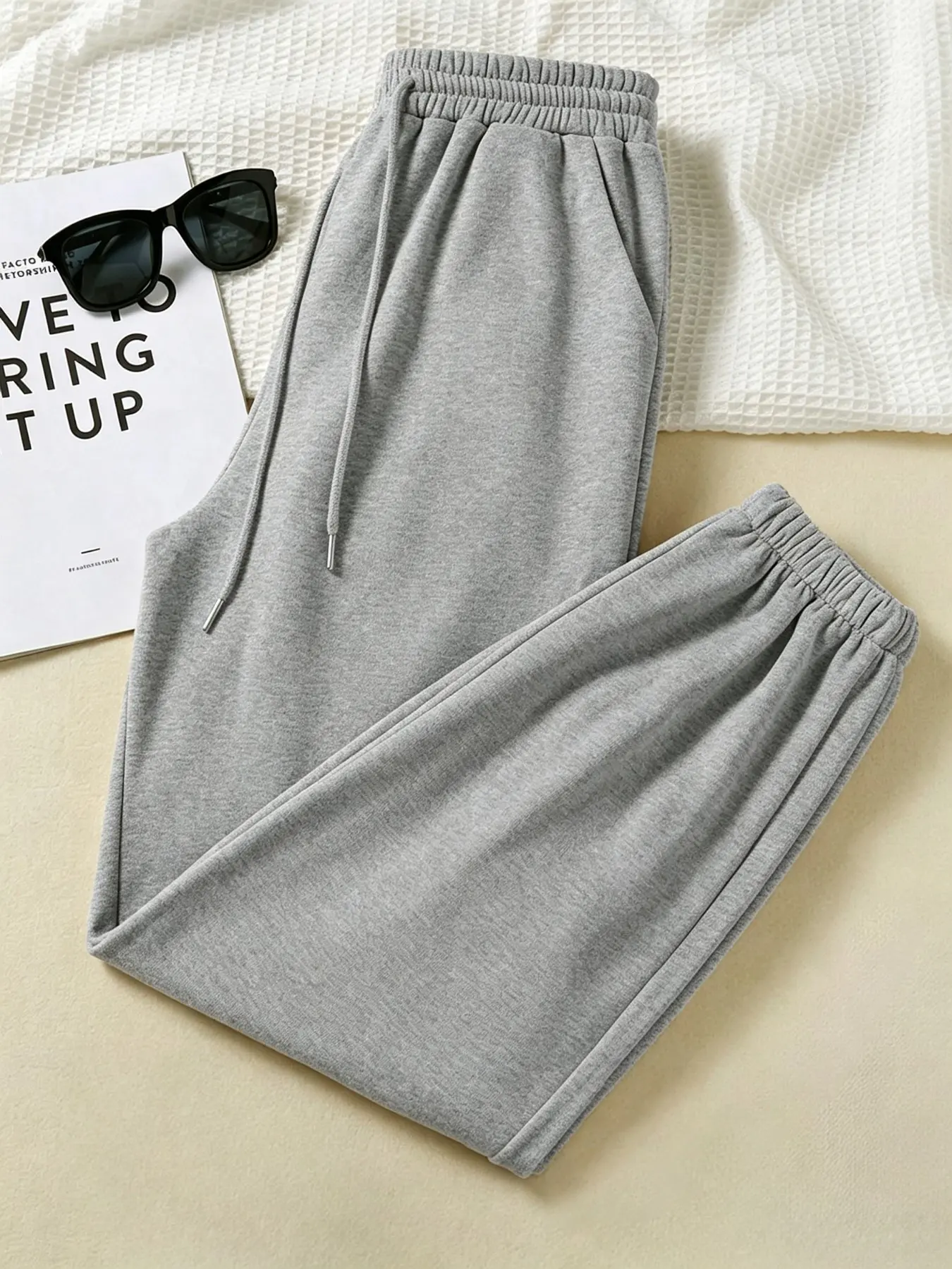 Soft Casual Joggers for Women, Drawstring Waist Loose-Fit Sweatpants, Long Plain Pants for Fall & Winter, Street Style Daily Wear