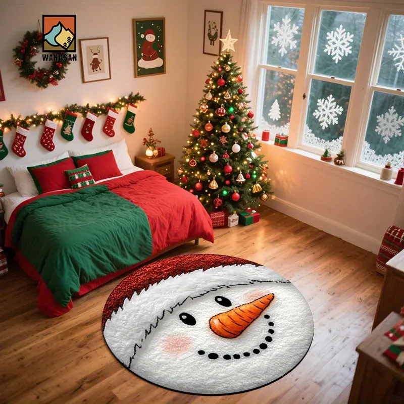 1pc 2D Flat Snowman with Santa Hat Bathroom Anti-Slip Mat, Flannel Material, Round Floor Mat, Plush Decoration, Suitable for Bathroom, Door, Kitchen, Living Room and Other Occasions, Machine Washable, Anti-Slip, Christmas Decoration, As A Gift