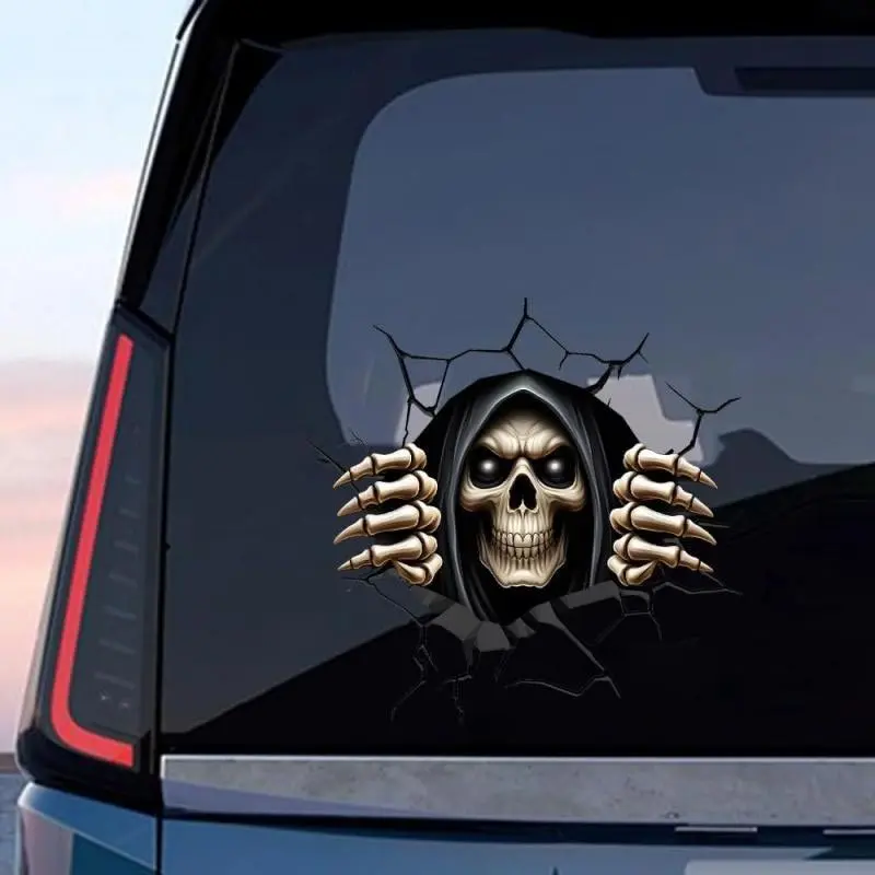 Halloween Cracked Stickers, Premium Skull Stickers, Double-Sided Horror Skull Ghost 3D Horror Movies Characters Peeking Car Decal for Bumper Window Halloween Vehicle Decorations (Skull, 1PCS)