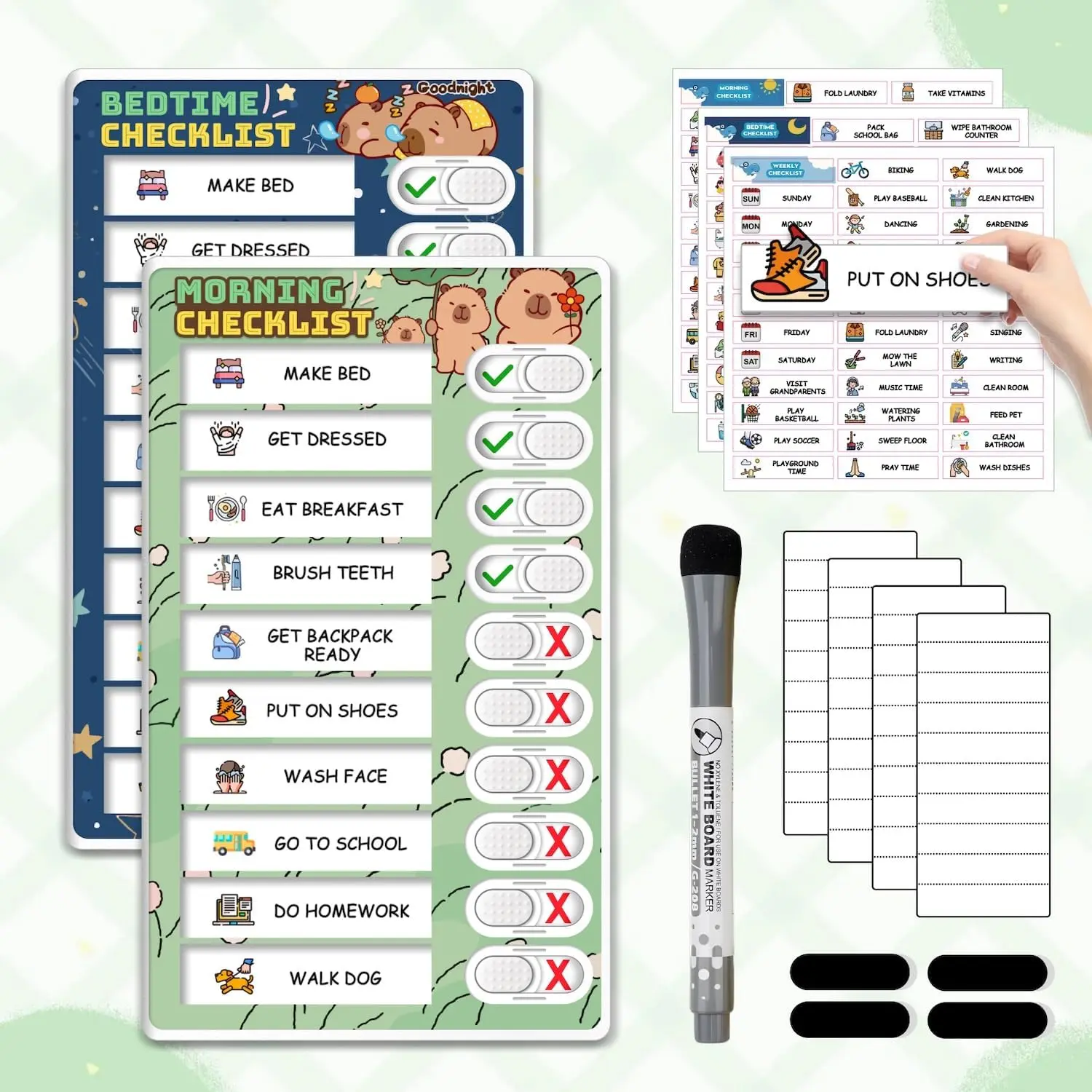 Upgraded Slider Chore Chart for ,   Chore Chart for 2 , Dry Erase Morning/Bedtime Routine Chart for  , Visual Schedule for