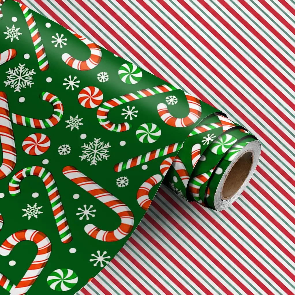Christmas Gift Wrap Roll 196.85in×17in, Classic Candy Cane Print, Snowflake Stripes, Durable Holiday Packaging Paper