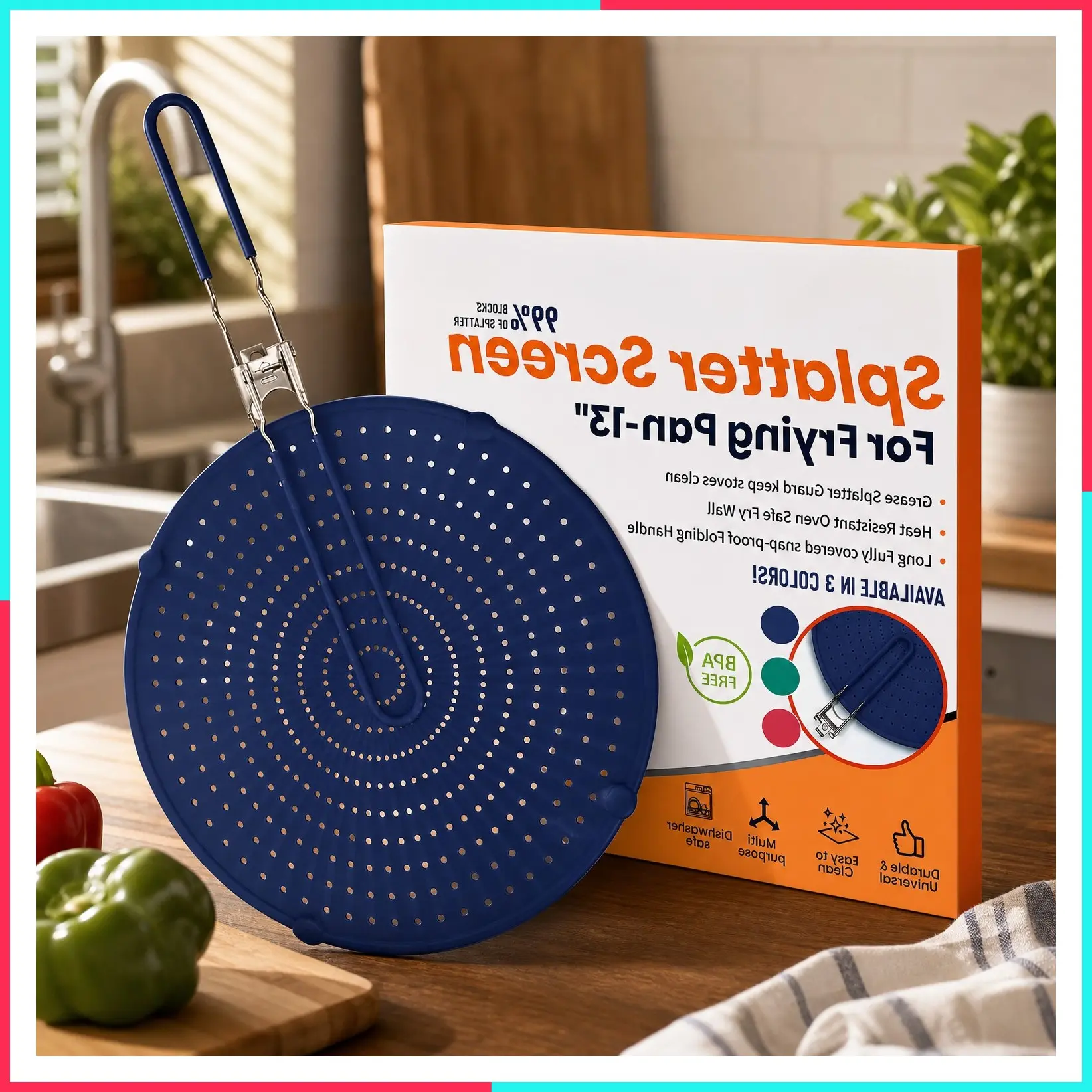Silicone Splatter Screen for Frying Pan, 13” Navy – Heat Resistant Grease & Oil Splash Guard, Dishwasher Safe, Foldable Handle with Sleeves, Fits 10–12” Pans and Most 13” Skillets