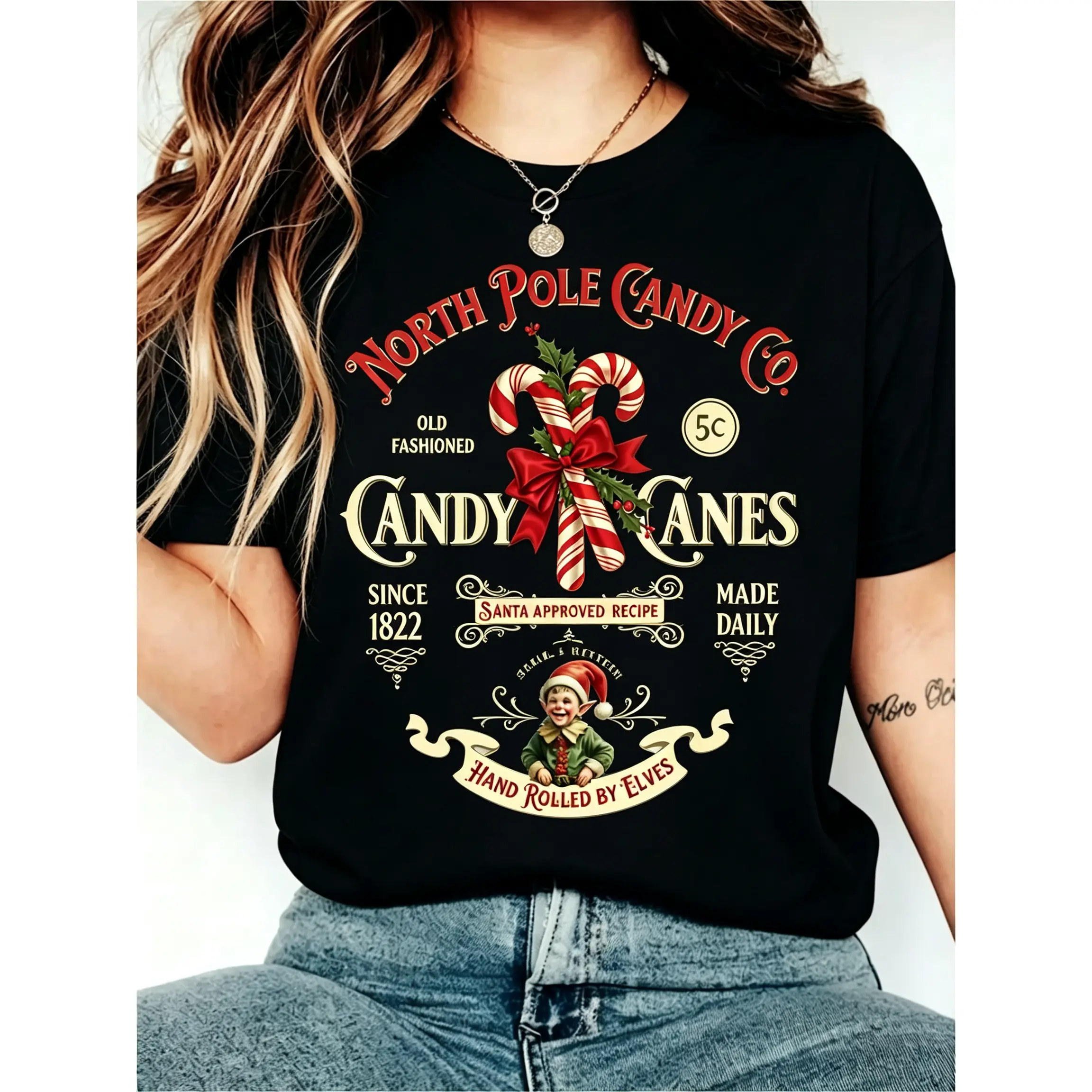 Women's Vintage North Pole Candy Co. Short-Sleeve Christmas T-Shirt - Retro 1955 Candy Canes & Santa Sleigh Retro Print, Casual Fit Sports Top, Holiday Outfit, Shortsleeve, Tshirt, Round Neck, Vintage Logo