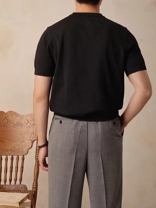 Kyn Apparel Men's summer solid-color round-neck short-sleeve knit shirt - Retro high-end home wear T-shirt Soft and comfortable breathable h