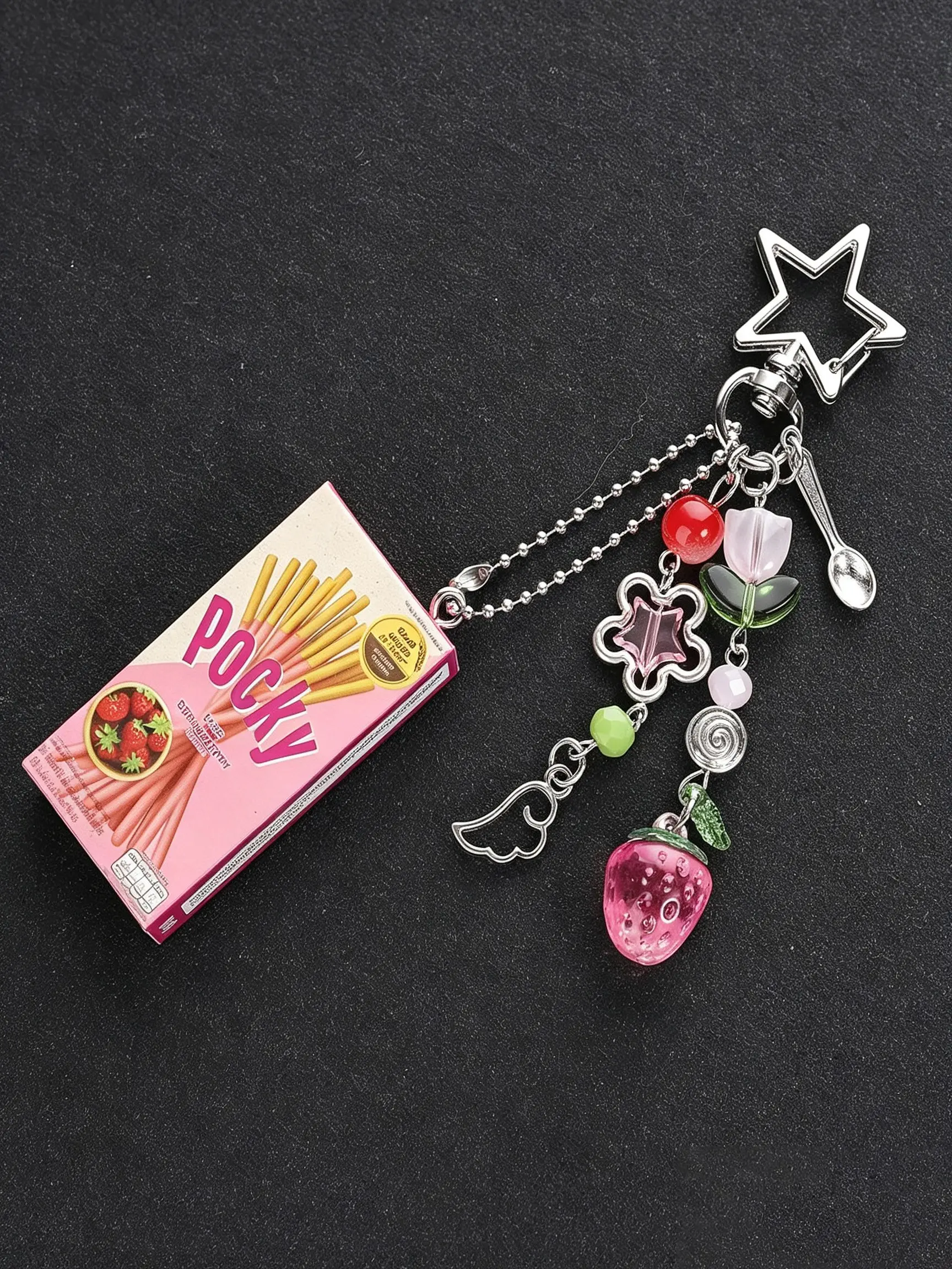 Fashionably Realistic Snack Cookie Box Keychain, Strawberry Blueberry Matcha Peach Pendant, Heisei Retro Style Bead Accessories