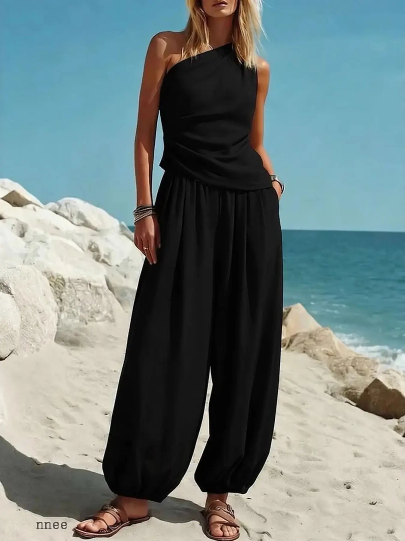 Bestselling Loose Fit Pajama Set, Soft Shoulderless Sleeveless Top and Elastic High Waist Harem Pants, Elegant Boho Style Daily Home Wear