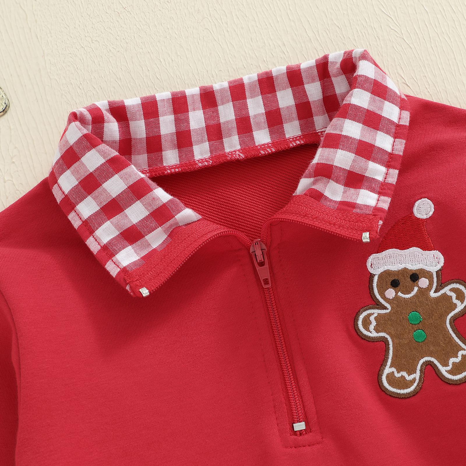 Baby Boy Christmas Sweatshirt Gingerbread Man Embroidery Long Sleeve Lapel Zip Front Pullover Tops 6M-4Y