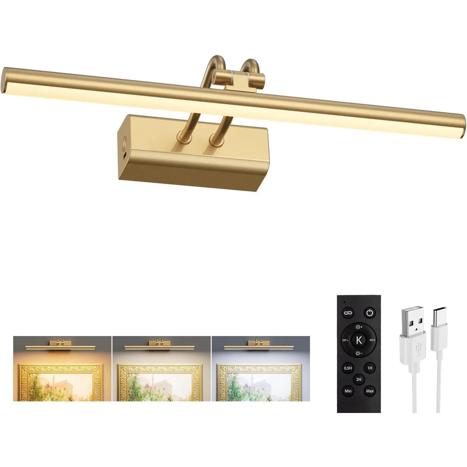 13.8 in Gold Battery-Operated Adjustable Wall Light for Paintings & Bedroom, 4000mAh Cordless Focused Lighting with 4-Hour Runtime, Remote Control, Magnetic Charging, Timer, Dimmer, Easy Installation (Batteries Included), Painting
