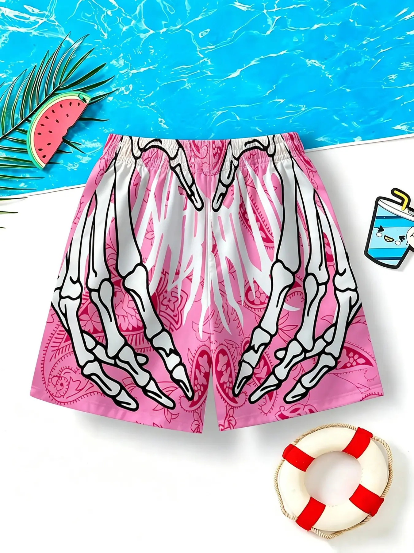 Kids Pink Skeleton Hand Print Casual Sports Shorts, Sporty Style Clothes, Boys Girls Summer Beach Kids Bottoms 2026 New Arrival