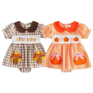 Infant Baby Girl Thanksgiving Romper Dress Plaid Print Turkey Embroidery Short Sleeve Jumpsuit Fall Clothes 0-18 Months