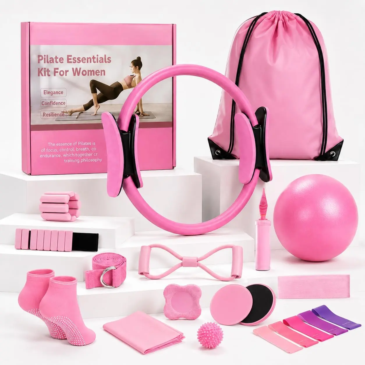 Pilates Equipment Set for  Workouts –15in1  Pilates Kit with Ring and Ball Set, Resistance Bands, Pilates Yoga,Core Sliders & Ankle Weights, Pilates Essentials Kit