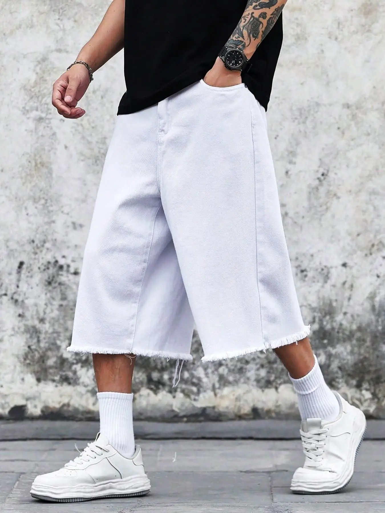 Men's Plain Casual Fashion Summer Loose Wide Leg Waisted Denim Jeans Shorts, Mid-Length Streetwear Style Comfortable Fabric, Ideal for Daily Wear