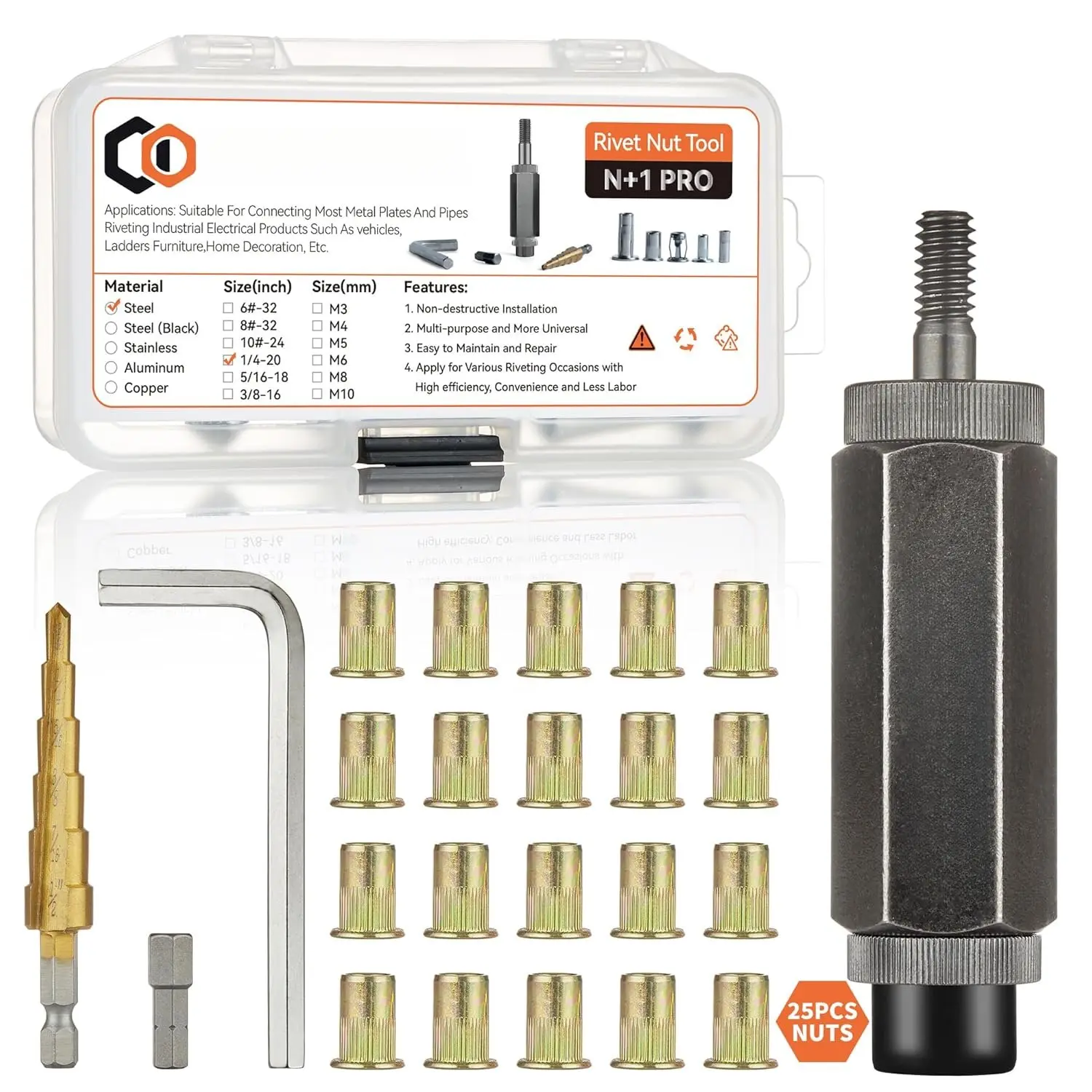 Rivet Nut Installation Tool Set Flat  Rivnut Threaded Insert Nut Kit SAE & Metric for Metal Heavy Duty Zinc Plated Nutsert (1/4-20(Rivet Nut Tool-25pcs))