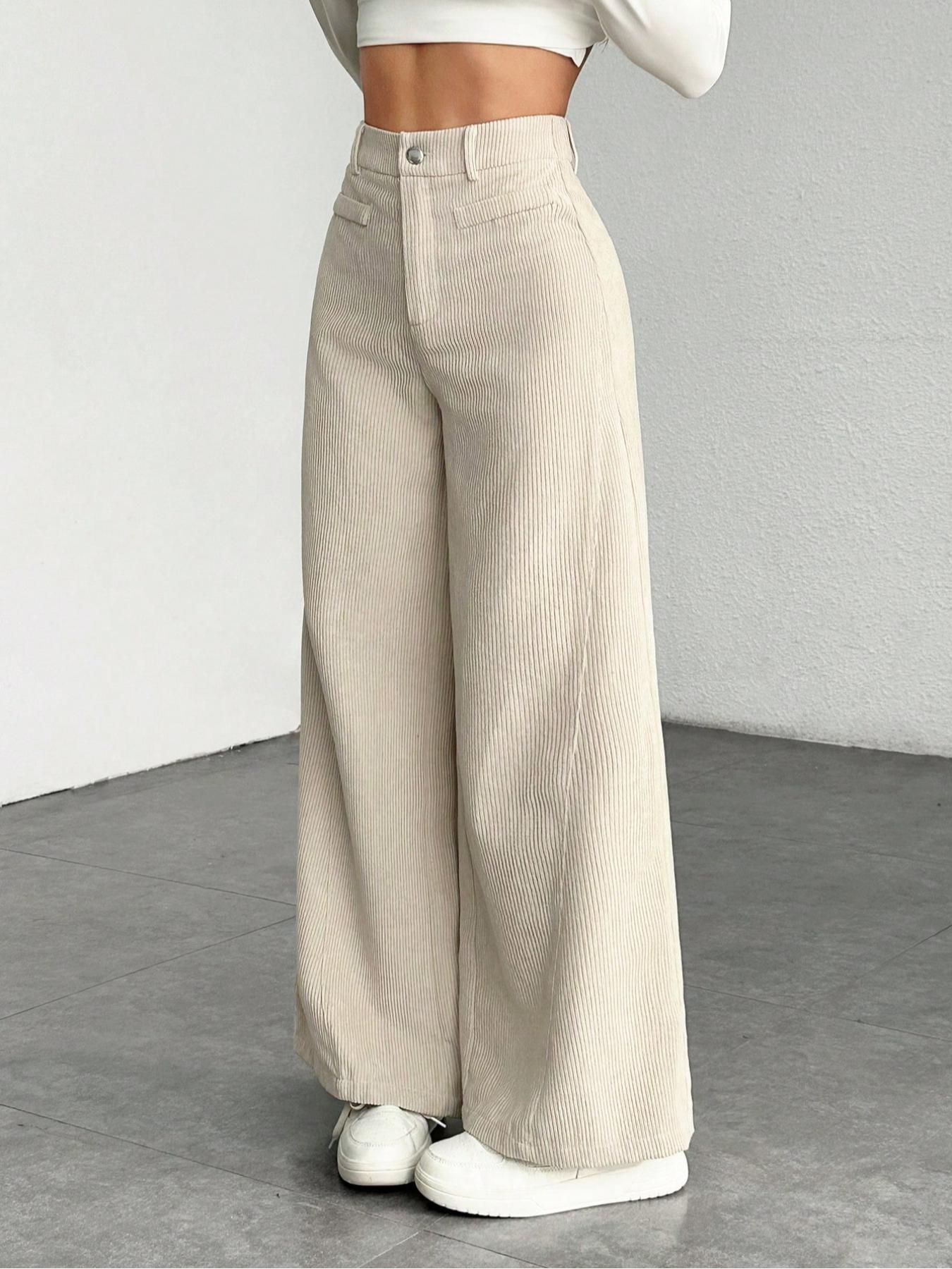 Women's High Waist Wide Leg Corduroy Pants, Casual Straight Fit Long Trousers, Comfortable All-season Solid Color Design, Womenswear