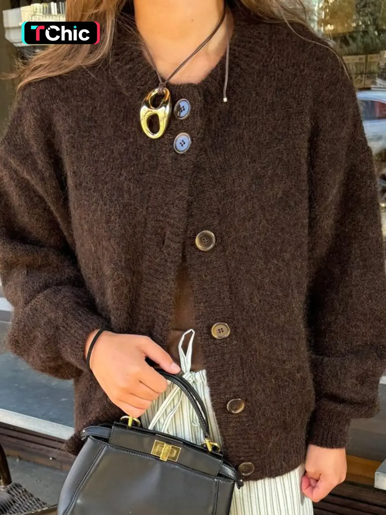 Autumn Winter New Retro Round Neck Solid Color Short Knitted Cardigan, Loose Long Sleeve Button Front Sweater Coat, Casual Daily Wear Women's Top