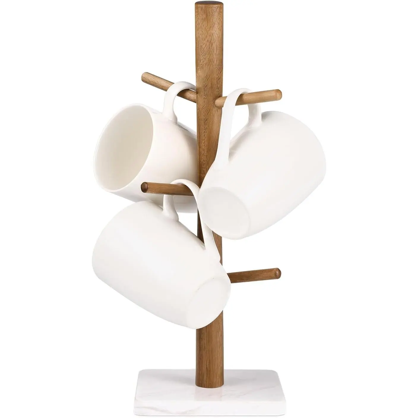 Acacia  Mug Holder with Marble Base, 6 Hook Mug Tree, White | Coffee Mug Rack for Countertop, Space-Saving Mug Storage, Coffee Bar Organizer, Ideal for Kitchen & Dining Areas