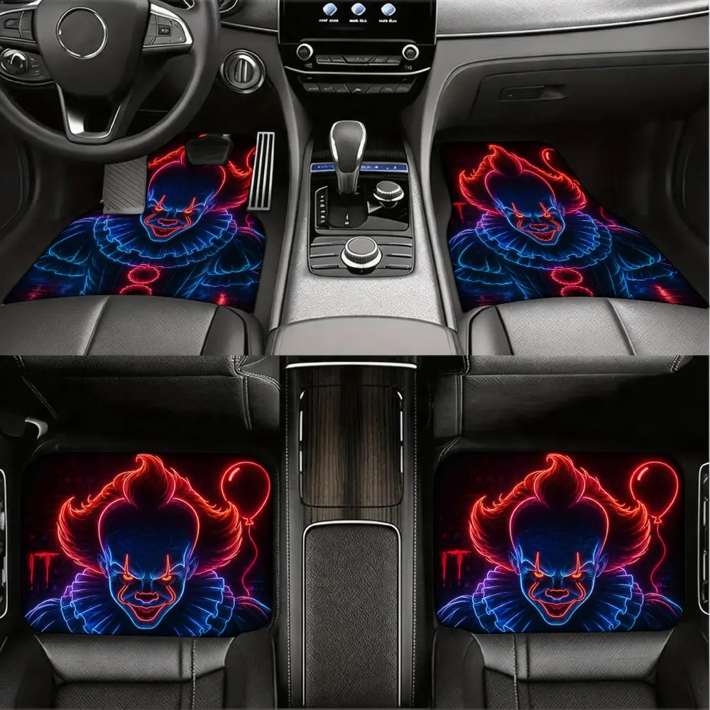Horrors Style, Car Floor Mats, Neon Clown Pattern, Non-Slip Rubber Material, For Horror Movie Fans And Car Interior Decoration, 4 Piece Set