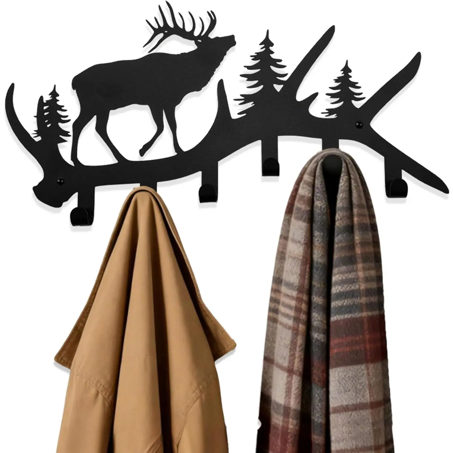 Elk Antler Key Holder Wall Mount – Rustic Key Rack for Wall with Hooks, Black Metal Deer Key Hanger, Wall-Mounted Key & Coat Hooks for Entryway, Cabin or Mudroom