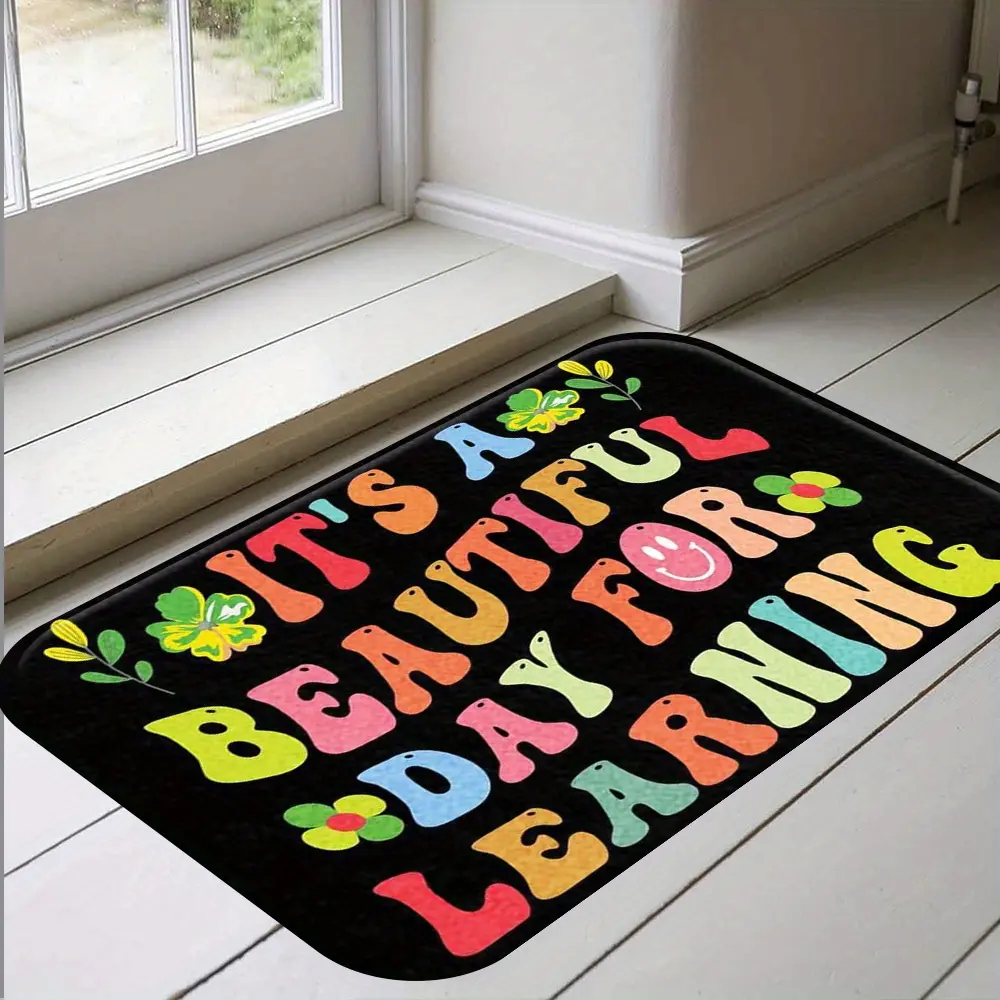 Flannel Floor Mat []2D 1pc vintage charming rainbow-colored letter smiley face floral pattern black background front door rug, with non-slip backing, washable study floor mat, suitable for classrooms, study rooms, or offices, ideal gift for Teacher's Day