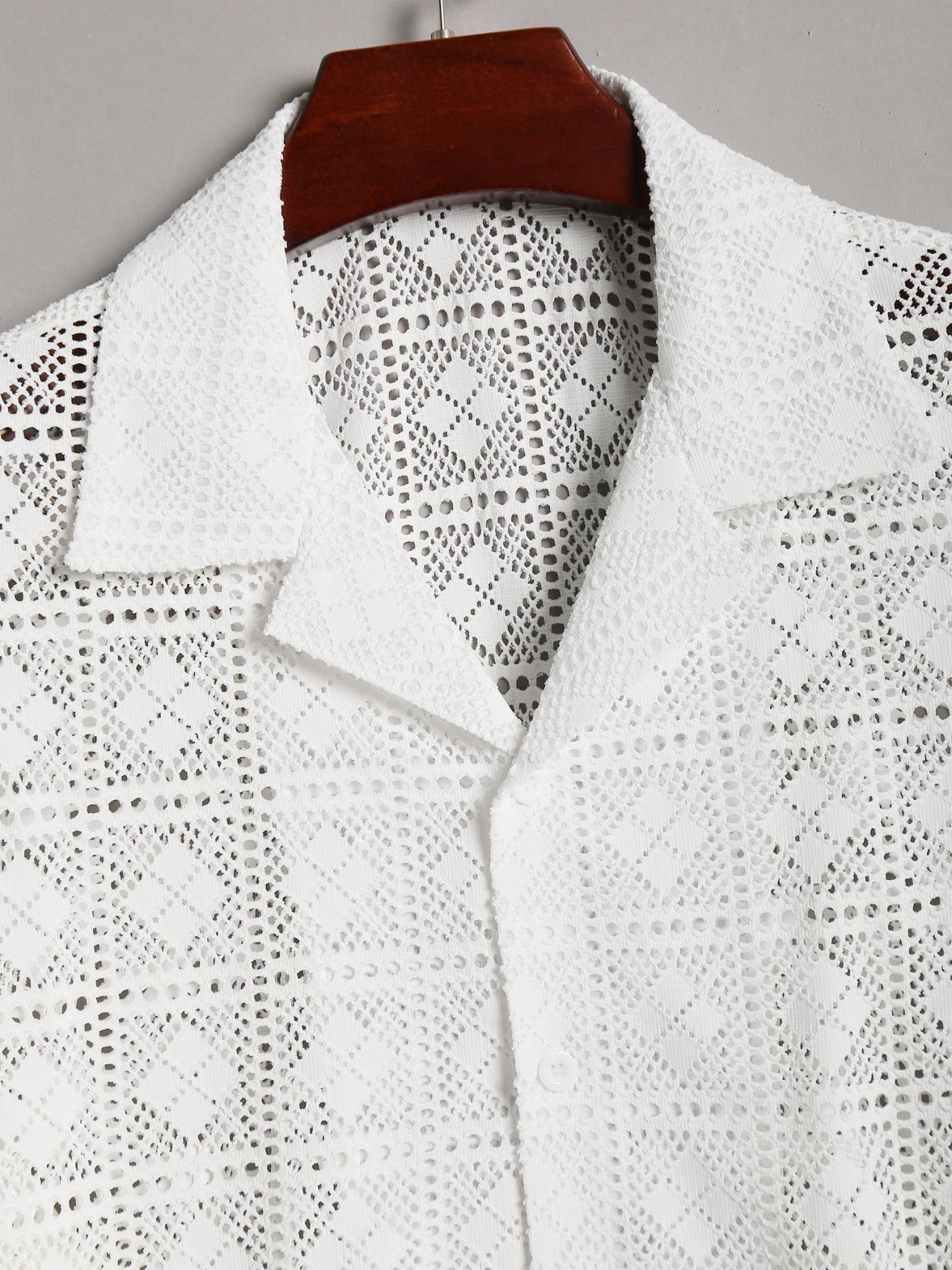 Men's Hollow Diamond Grid Short Sleeve Casual Shirt, Summer Breathable Cool, Hollow Pattern Design, Full Print, Plain Color