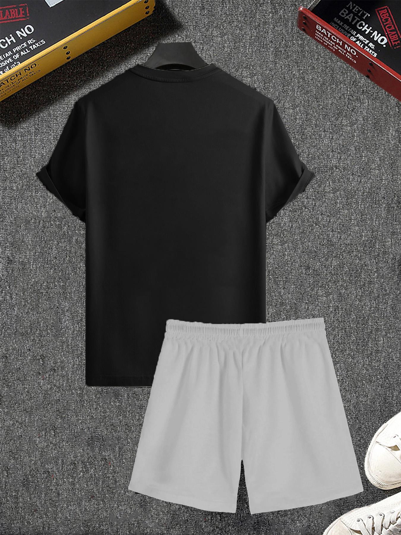 Two-piece Set Men's Flag Graphic Fitted Sleep Tee & Letter Print Elastic Drawstring Pocket Shorts Pajama Set, Comfy Men's Sleepwear & Loungewear Set for All Seasons