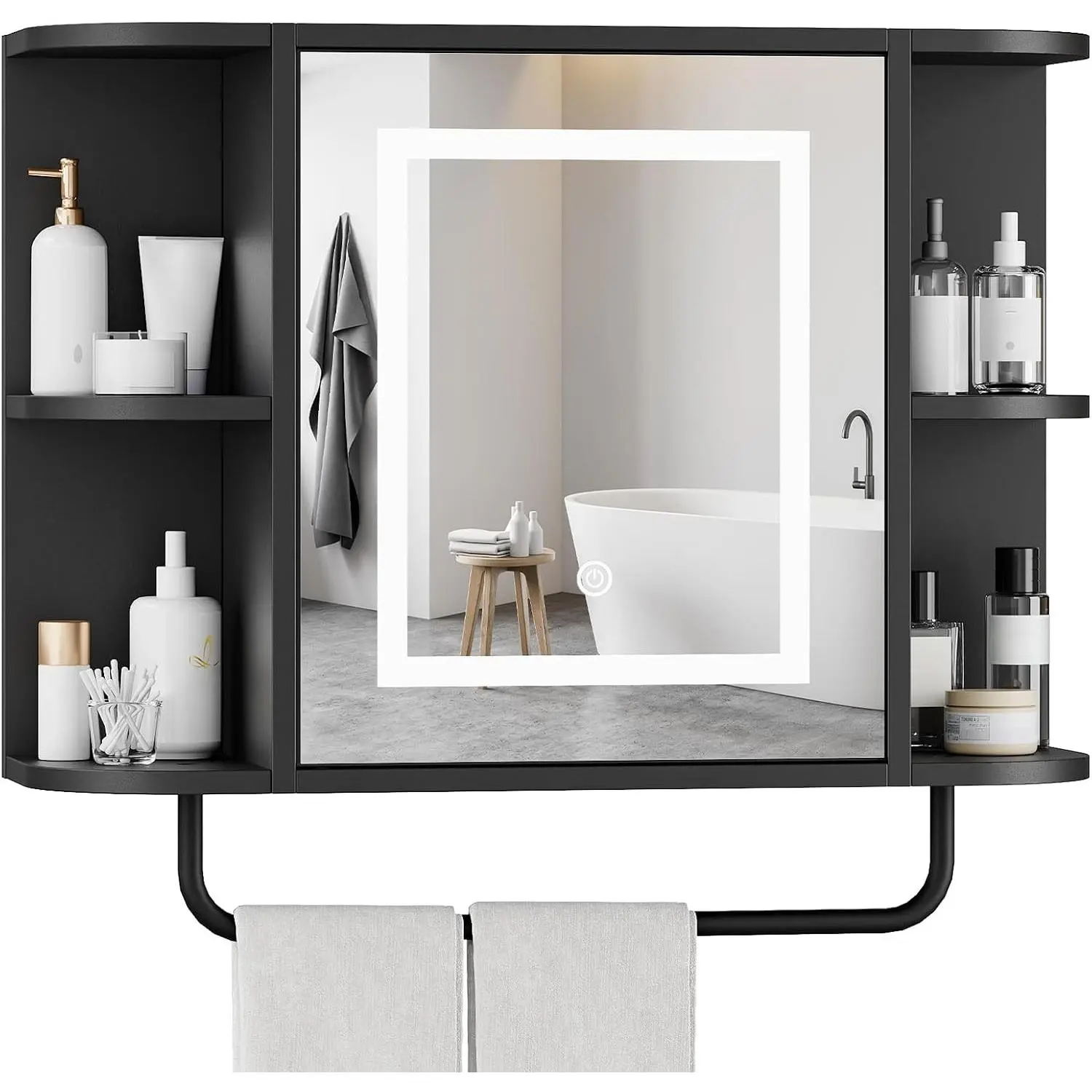 Bathroom Wall Cabinet with Mirror, Mirrored Medicine Cabinet with LED Light and Open Shelves, Wall Mounted Over Toilet Storage Cabinets with Adjustable Shelf, 21.7"L x 6.7"W x 18.1"H, Black