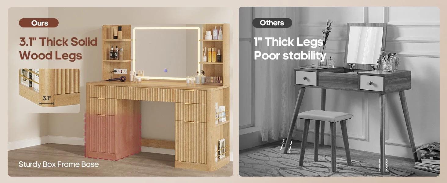 51.2 Inches Fluted Makeup Vanity with Mirror and Lights Oak