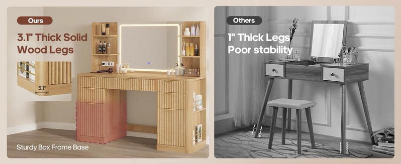 51.2 Inches Fluted Makeup Vanity with Mirror and Lights Oak