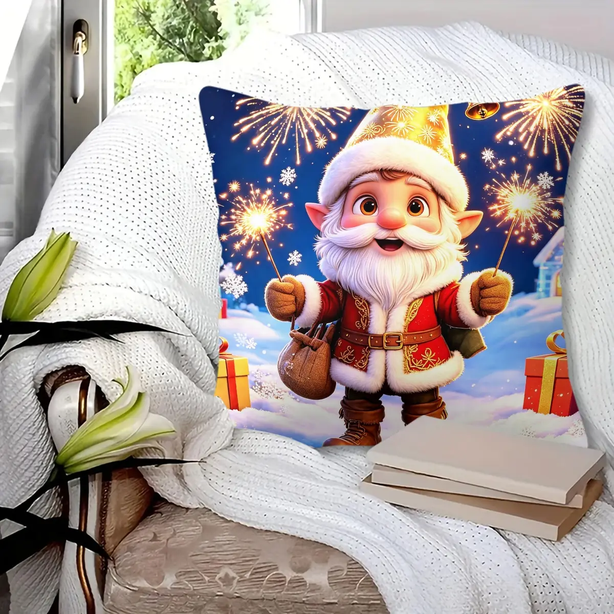 1pc hug pillow, Christmas gnome sparkler winter holiday print, soft breathable durable fabric, fade-resistant, wrinkle-free, colorfast, decorative throw pillow for bedroom sofa couch, perfect for home holiday decor, machine washable easy care