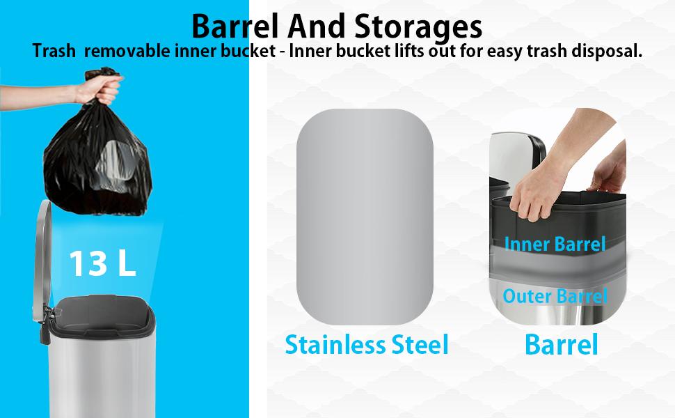 PLL 13 Gallon  in Home Recycling Bin Kitchen Stainless Steel Recycling Bin with Lid Removable Inner Bucket Foot Pedal Soft Close for Office Home Kitchen Garbage Can Trash Bin