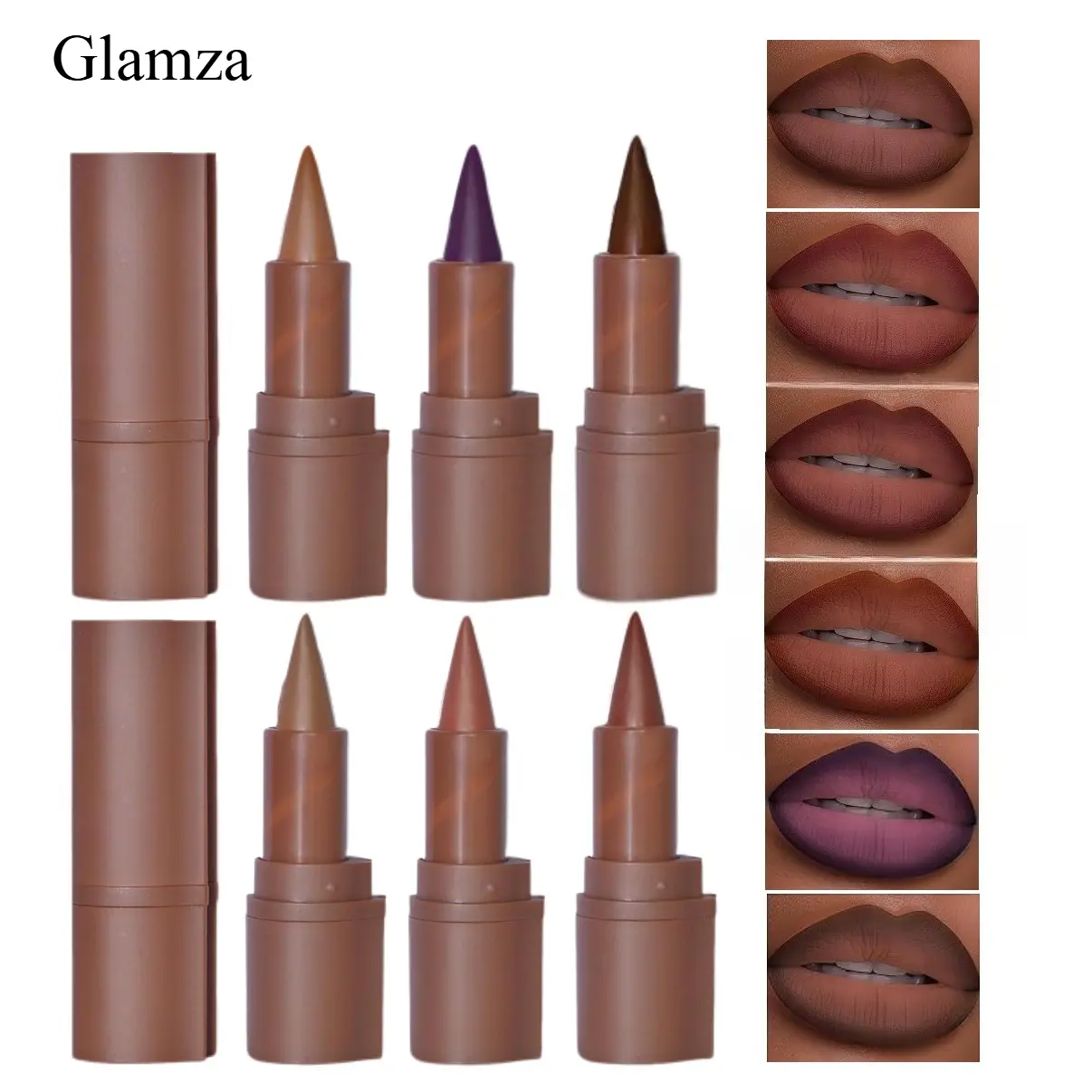Glamza 6PCS 2-in-1 Lip Liner and Lipstick Lip Combo Set, Matte Nude Dark Brown Red Lip Liner Creamy Lip Pencil