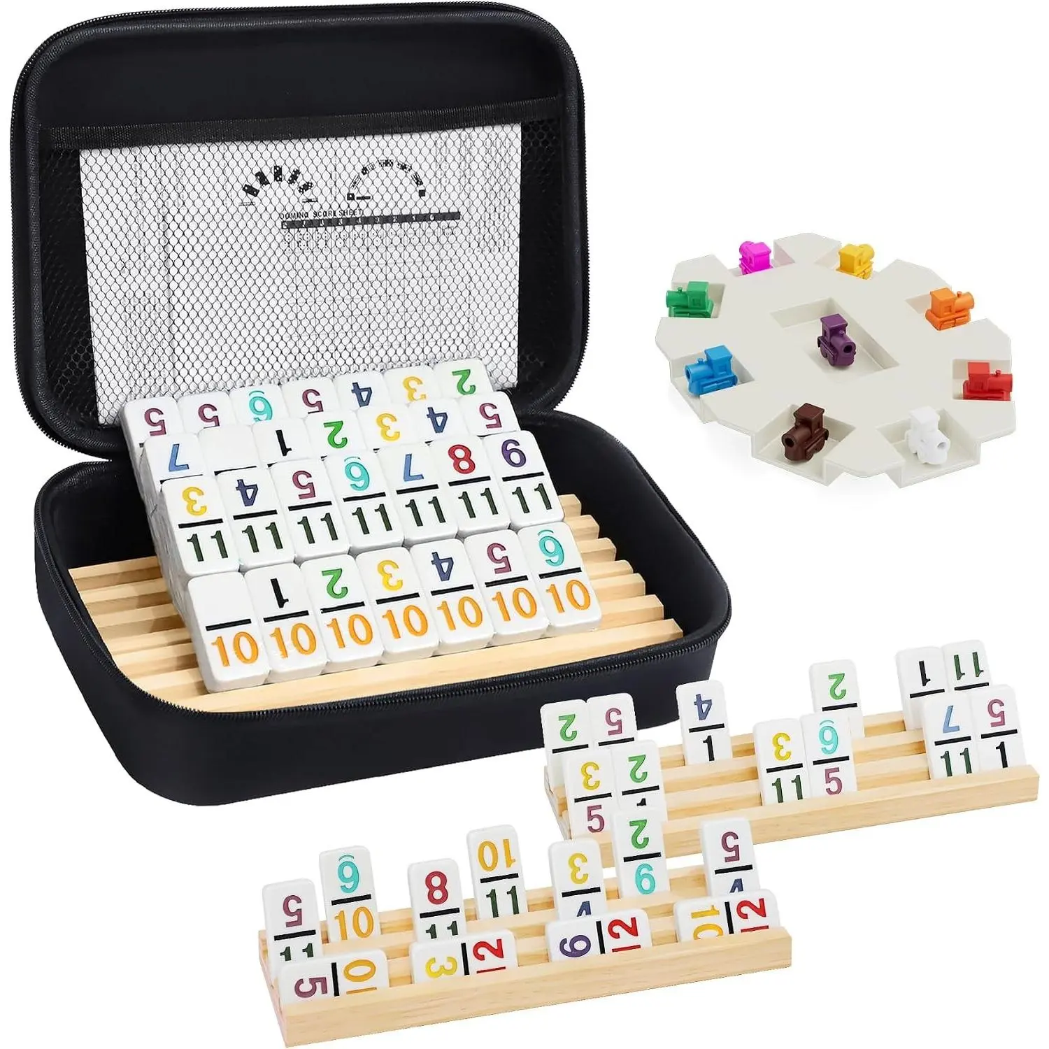 Double 12 Mexican Train Dominoes Game Set - 91 Colored Numbered Tiles with 4 Wooden Trays, Tile Holders & Portable Case, Classic Travel Game for Families Kids