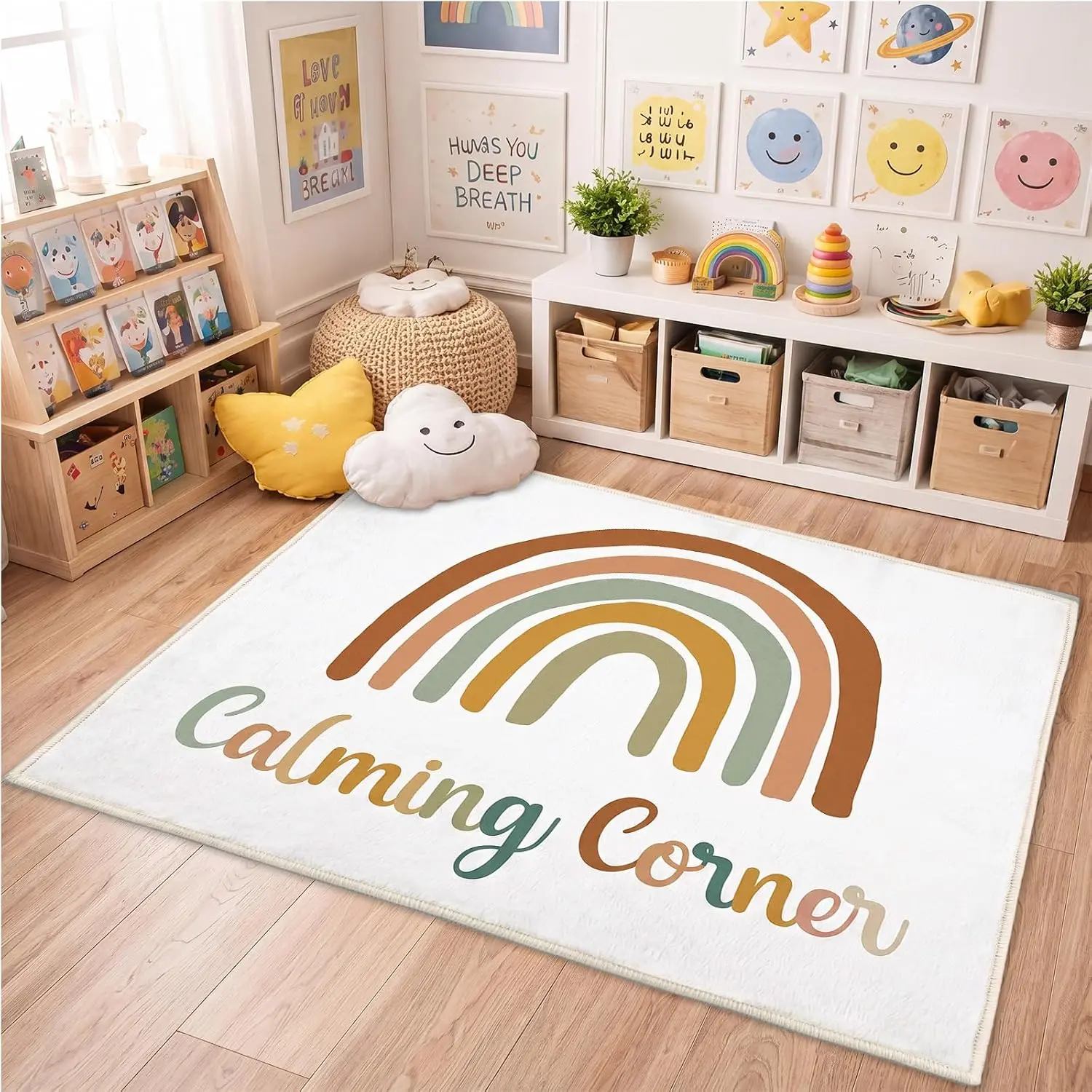 3.3 x 4 ft Boho Rainbow Calming Corner Items Calm Corner Classroom Rug Feelings Chart Emotion Reading Rug Soft  Mental  Floor Mat for School Kidroom  Living Bedroom Playroom