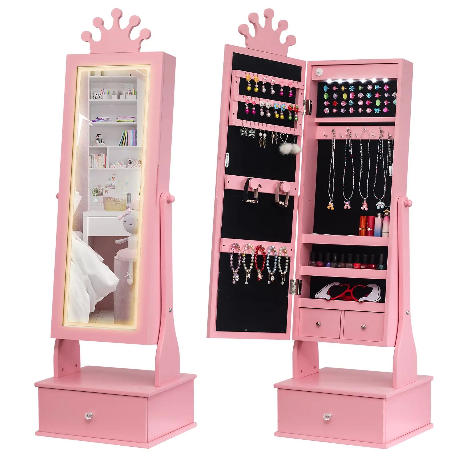 Garvee Kids Jewelry Cabinet with Full-Length Mirror, Freestand Mirror with Storage Drawers, Kids Vanity Dress Up Mirror with Jewelry Organizer, 46" Jewelry Armoire for Kids Bithday