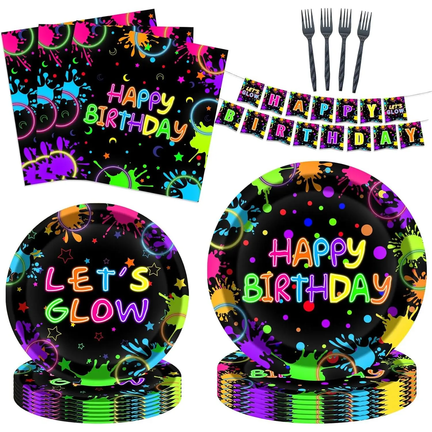 Glow Neon Supplies Kit for 24 Guests - 97 Pcs Including,,, Bunting - for Blacklight Neon-Themed Parties