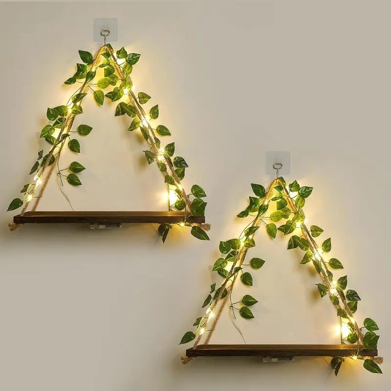 7 in 2-Pack No-Drill Floating Hanging Wood Pulp Wall Shelves, Boho Cottage-Core Room Decor Trinket Display Set with Artificial Ivy & LED Lights for Bedroom, Living Room, Wall Decor