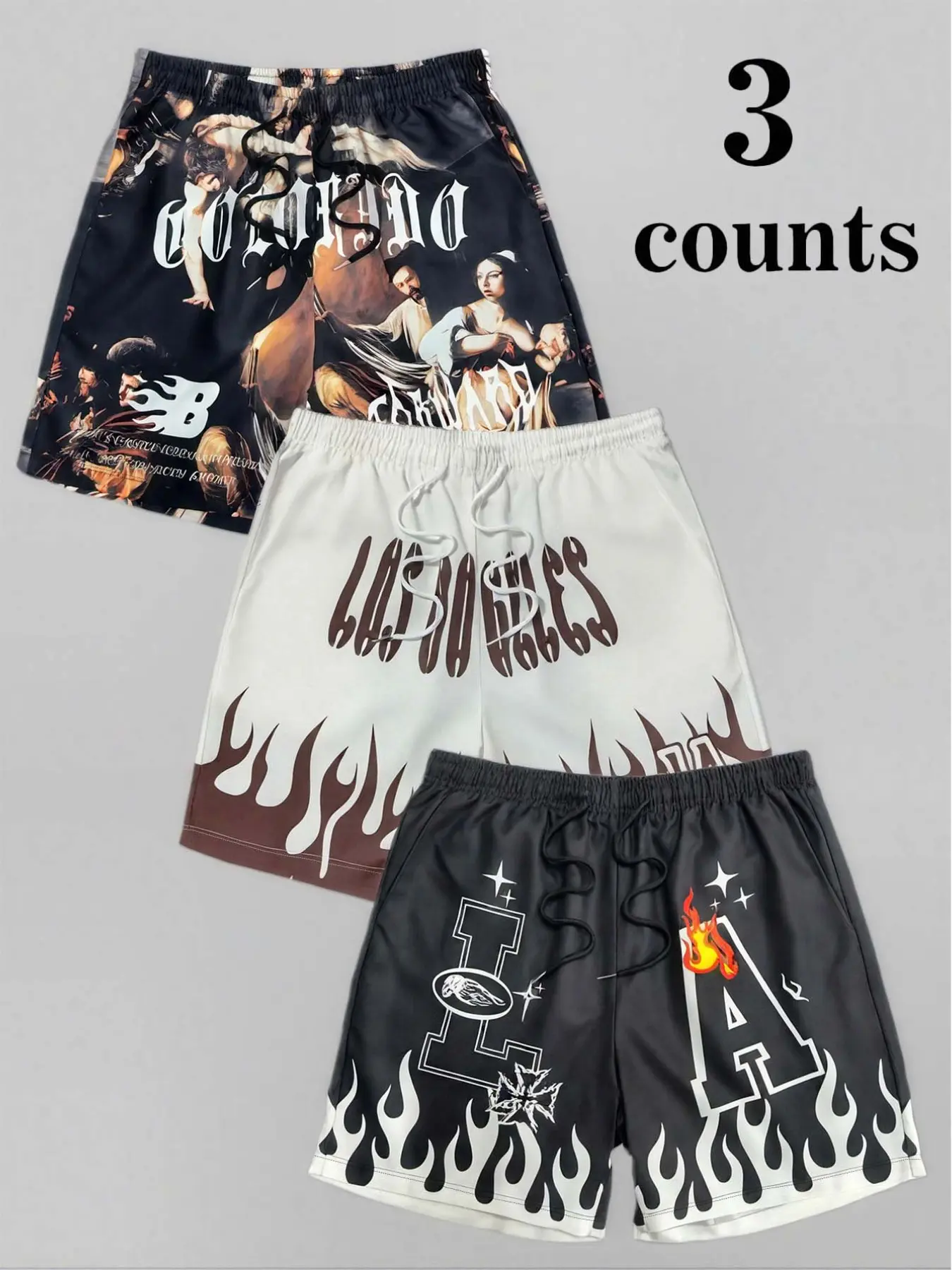 3 Counts Men's Assorted Vintage Oil Painting Gothic Letter Brown Flame LA Star Fire Graphic Print Casual High Street Shorts Bundle, Drawstring Elastic Waist Loose Street Fit, Soft Light Quick Dry Fabric, Side Pocket Summer Hip Hop Daily Bottoms Multipack