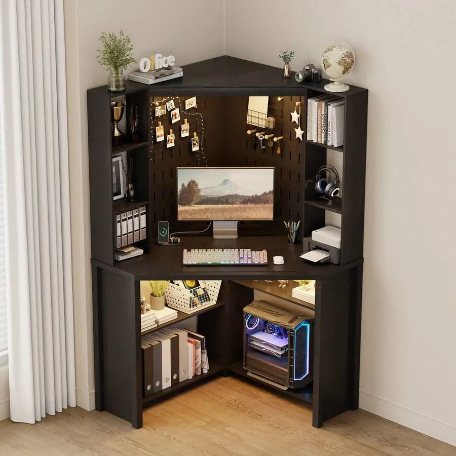 Home Office Desk With Pull-Out LED,L-Shaped Corner Desk With LightsPower Outlet & Chariging Station,Computer Desk With Hutch & 10 Shelves,Pegboards Work & Study,Black