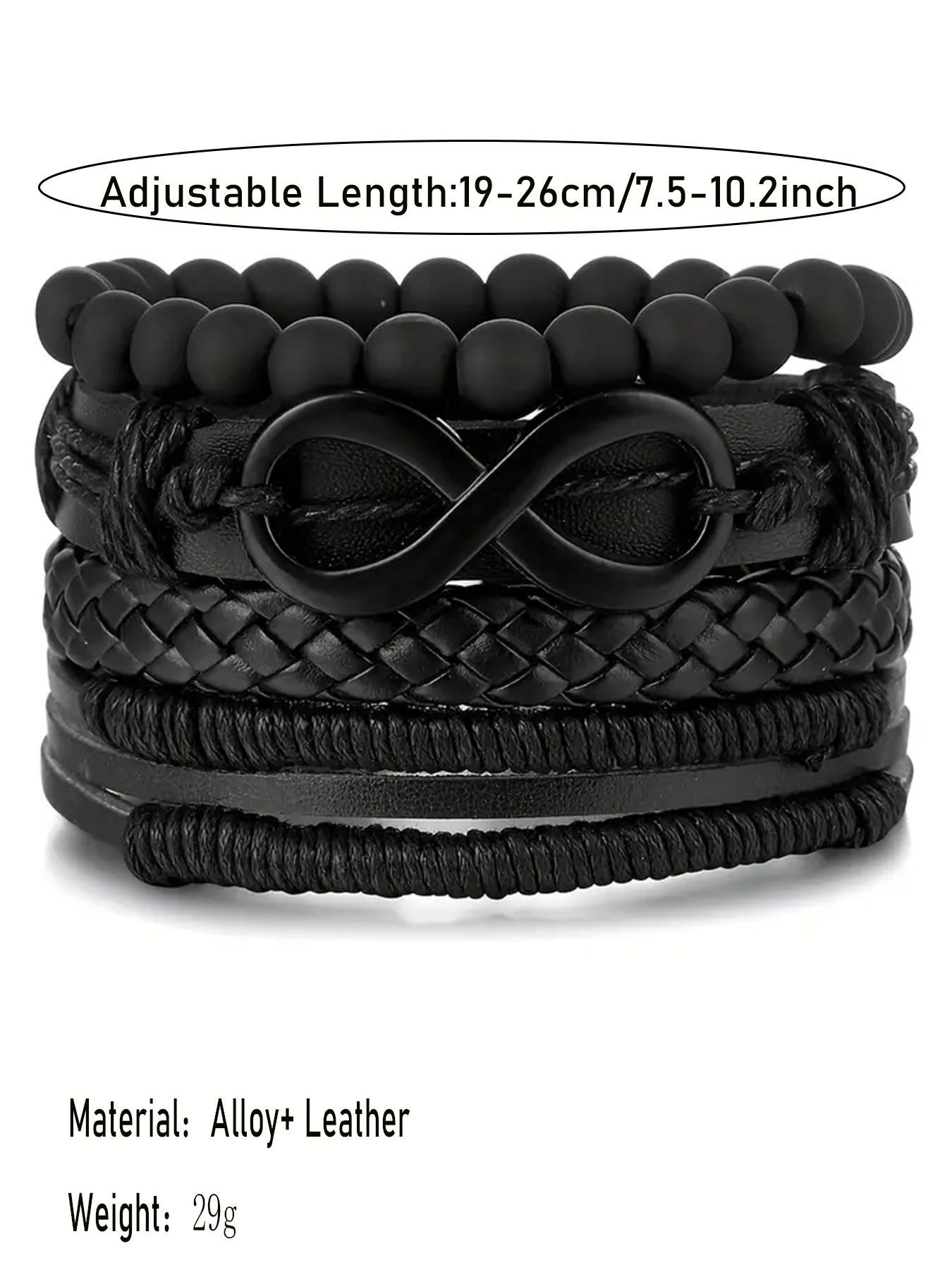Vintage Braided Rope Leather Bracelet Set, 4 Counts/set Black Boho Beaded Band Bracelet & Link Summer Bracelet, Boho Adjustable Leather Jewelry for Summer Party, Daily, Punk Accessories for Men, Stackable Bracelets, Boho Style Bracelet