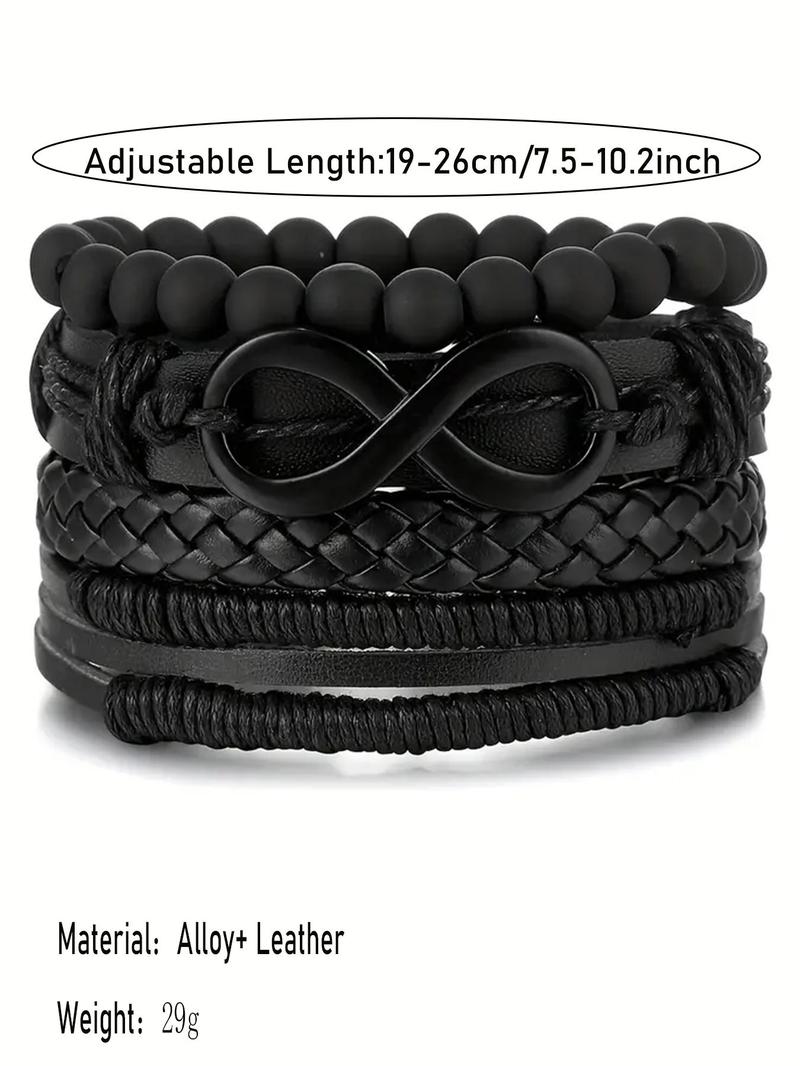 Vintage Braided Rope Leather Bracelet Set, 4 Counts/set Black Boho Beaded Band Bracelet & Link Summer Bracelet, Boho Adjustable Leather Jewelry for Summer Party, Daily, Punk Accessories for Men, Stackable Bracelets, Boho Style Bracelet