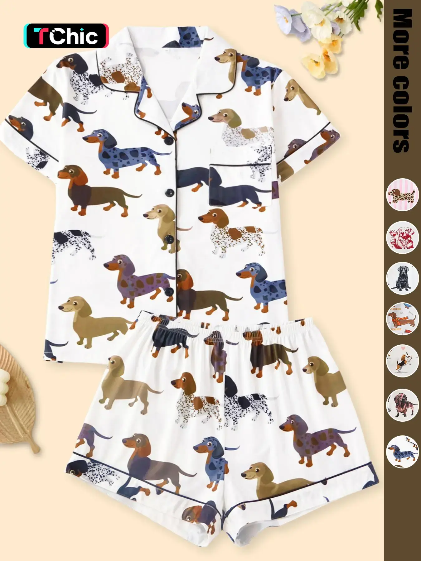 Women's Cartoon Dog Print Short Sleeve Pajama Two-piece Set, Casual Comfy Lapel Neck Button Design Pajama Sets for Daily Home Wear, Ladies Sleepwear for All Seasons