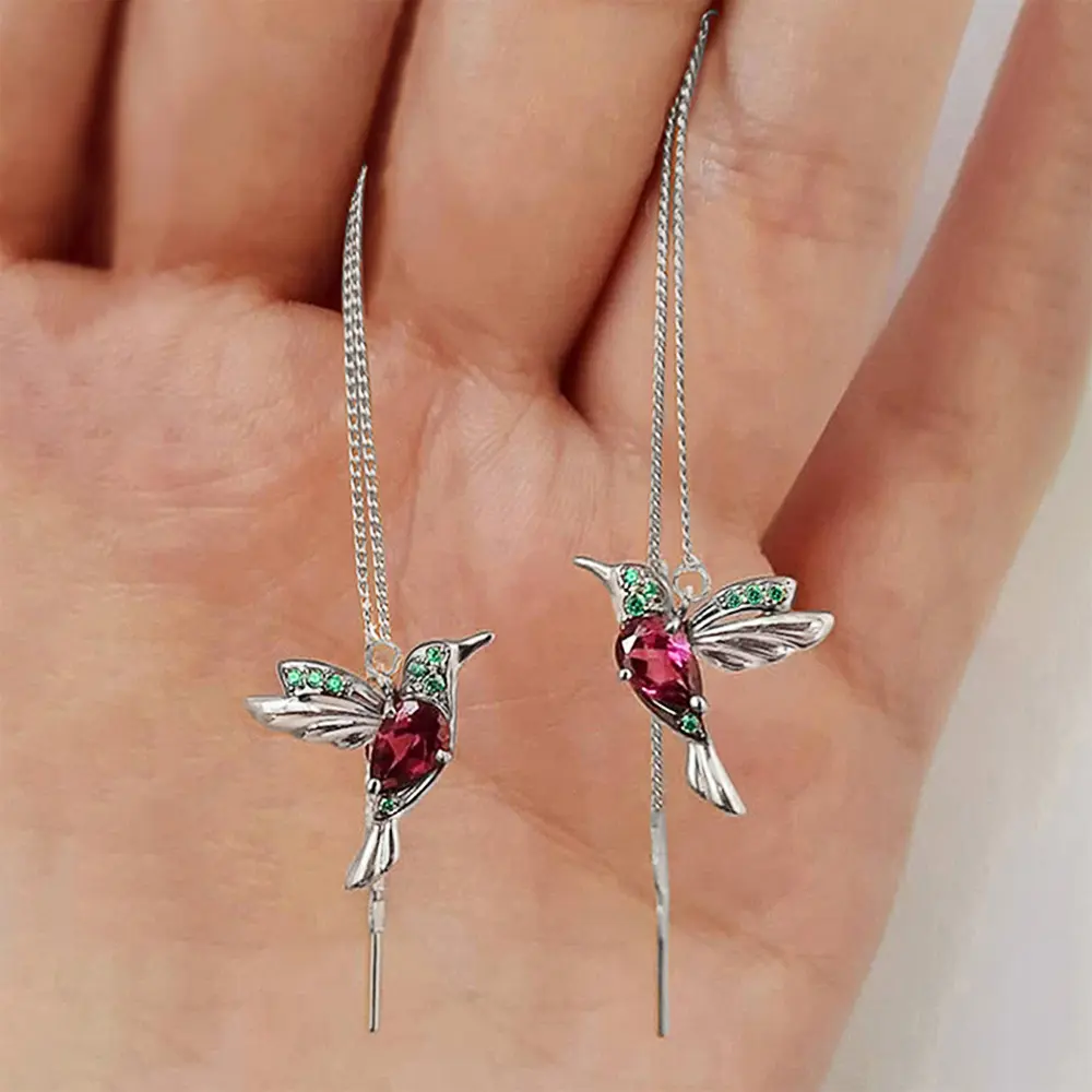 Women's Fashion Colored Zircon Animal Ear Accents Earrings - Copper Hummingbird Threader Drop, Long Decorated Chain Jewelry, Ideal for Daily Elegance, Party Gifting