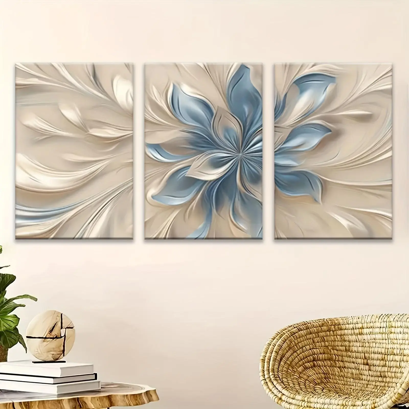 2D Panel, 3-Piece Set of Blue Floral Abstract Petal Swirls - Modern Abstract Wall Decor, Framed and Ready to Hang, Suitable for Living Room, Office, Cafe Aesthetic Decoration - Perfect Gift for Thanksgiving, Halloween, Christmas, New Year