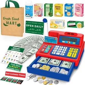 Red Calculator Cash Register Toy with Calculator - 120-Pcs Grocery Store Playset for Toddlers Kids 3-8, Includes Microphone, Grocery Boxes, Credit Card - Ideal Gift for Home Play