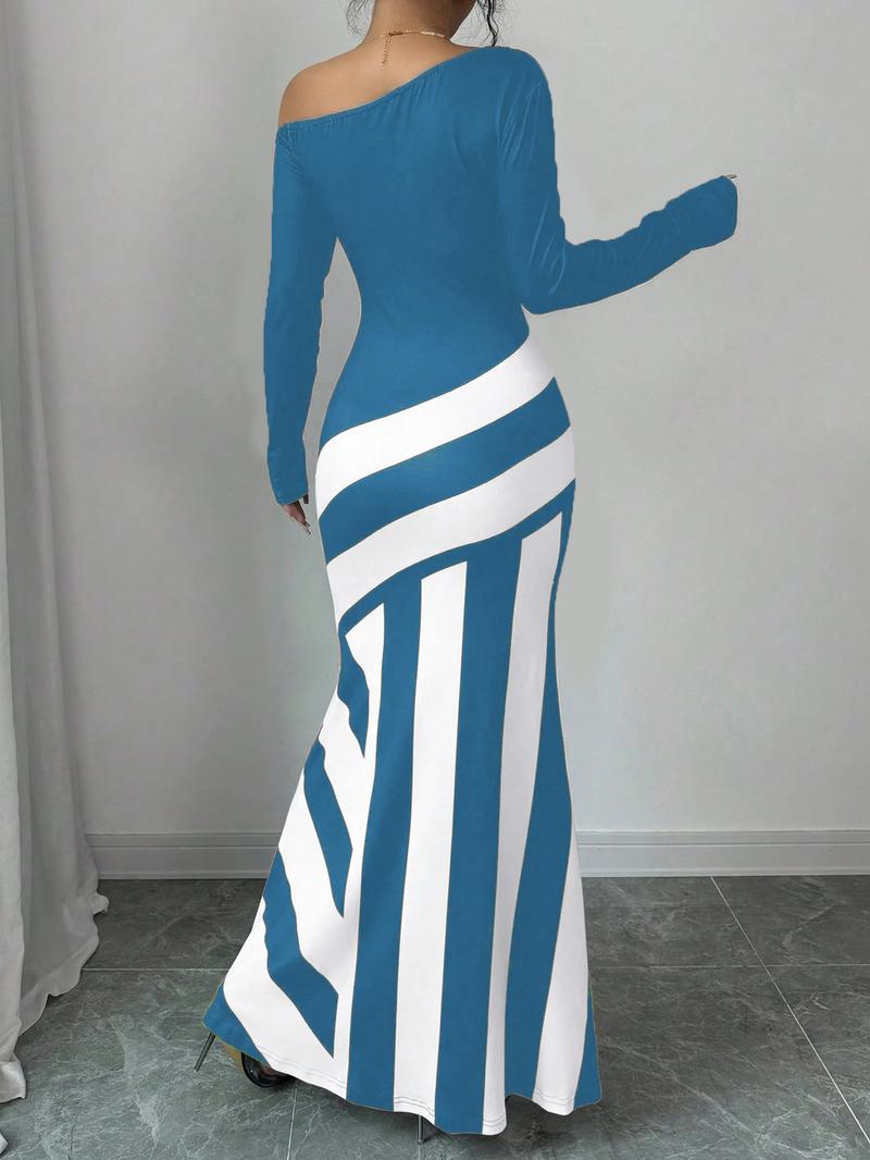 Women's Colorblock Striped Print Asymmetrical Neck Mermaid Dress, Elegant Fashion Long Sleeve Dress for Party Dating Wear, Women Dress for All Seasons, Formal Bodycon Dress