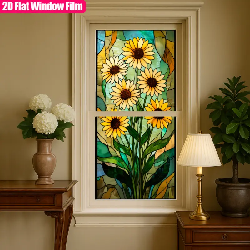 2D flat electrostatic sticker with sunflower pattern rectangular decoration, suitable for doors and windows, detachable.