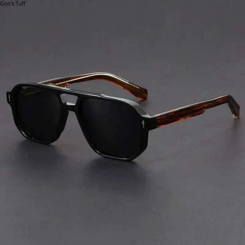 Male 50s Retro Polarized Square Full Rim Sunglasses - Double Bridge, Tortoiseshell Temples, UV Protection Nylon TR90 Shades, Suitable for Driving Outdoors